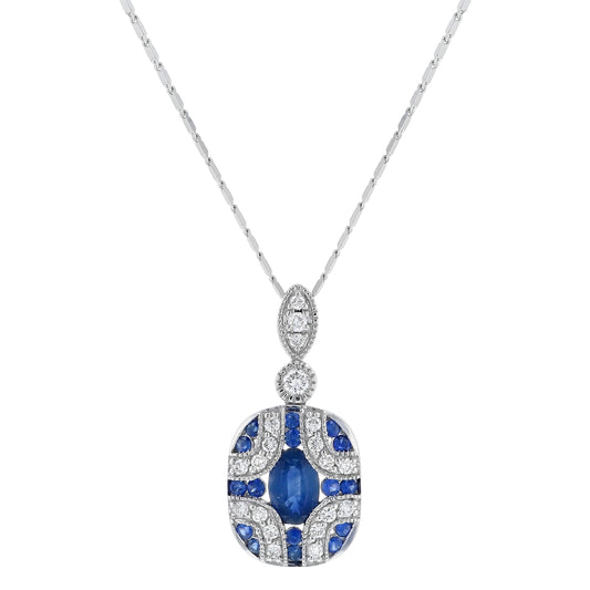 14K White Gold 1.00 carat Diamonds and Blue Sapphires Art Deco Necklace