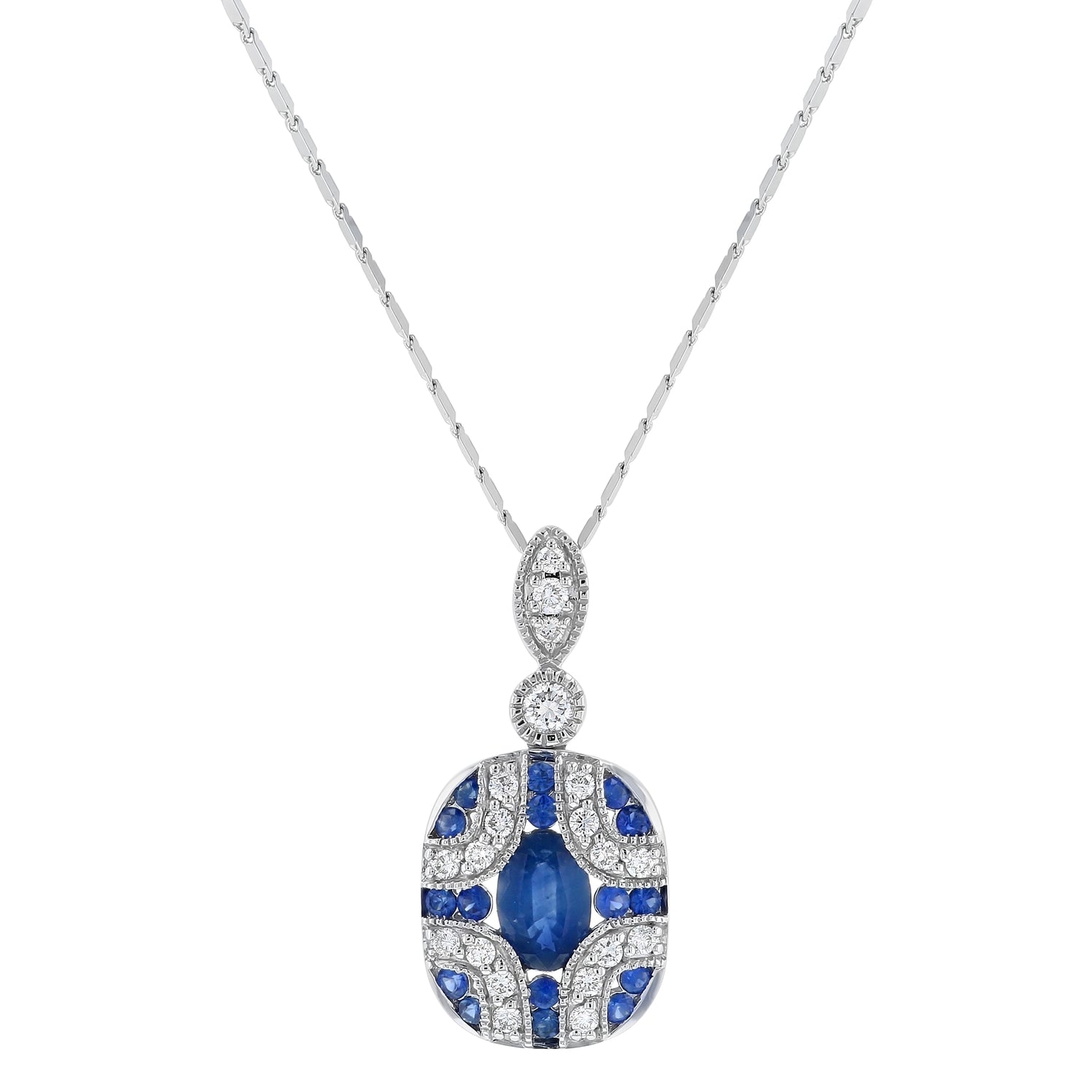 14K White Gold 1.00 carat Diamonds and Blue Sapphires Art Deco Necklace