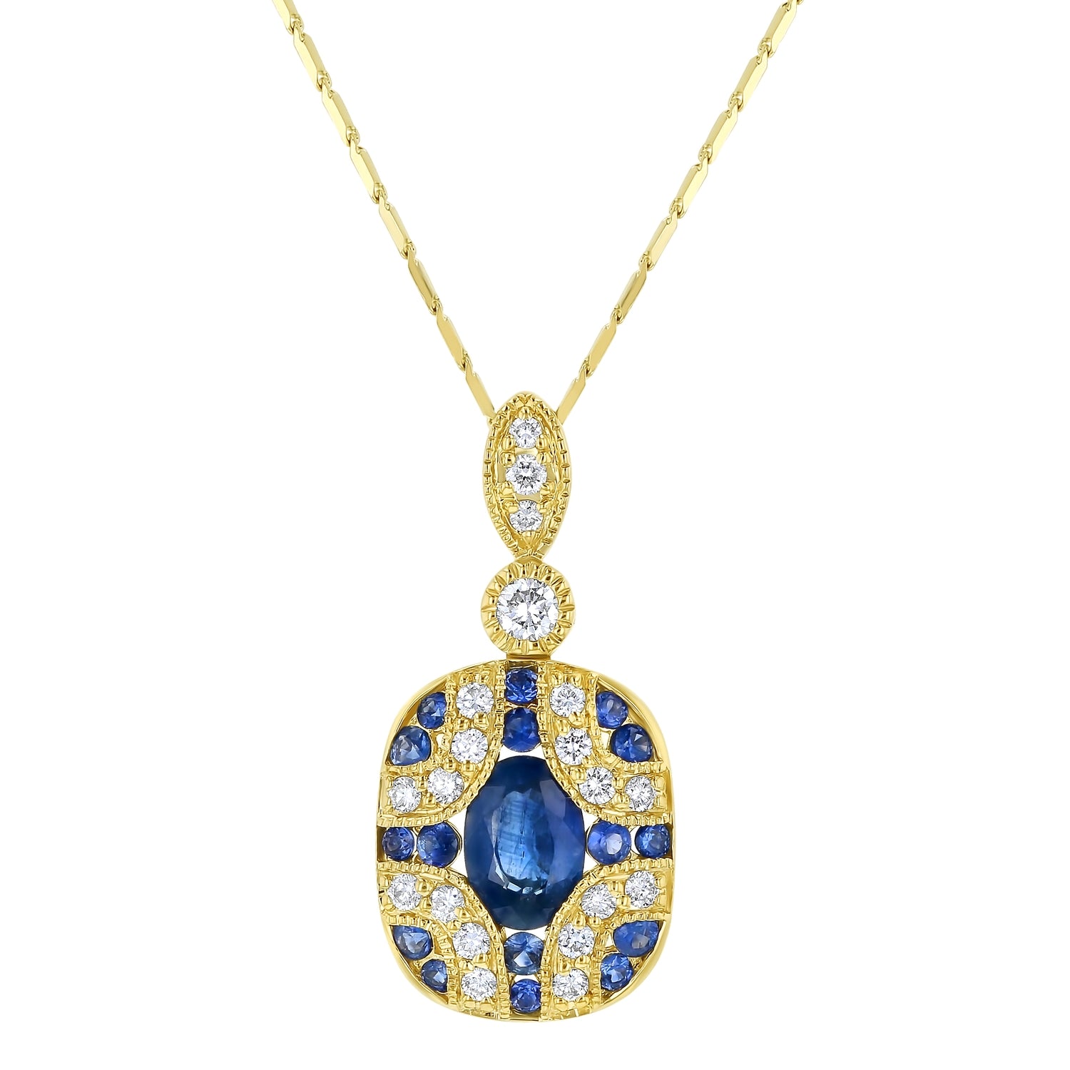 14K Yellow Gold 1.00 carat Diamonds and Blue Sapphires Art Deco Necklace