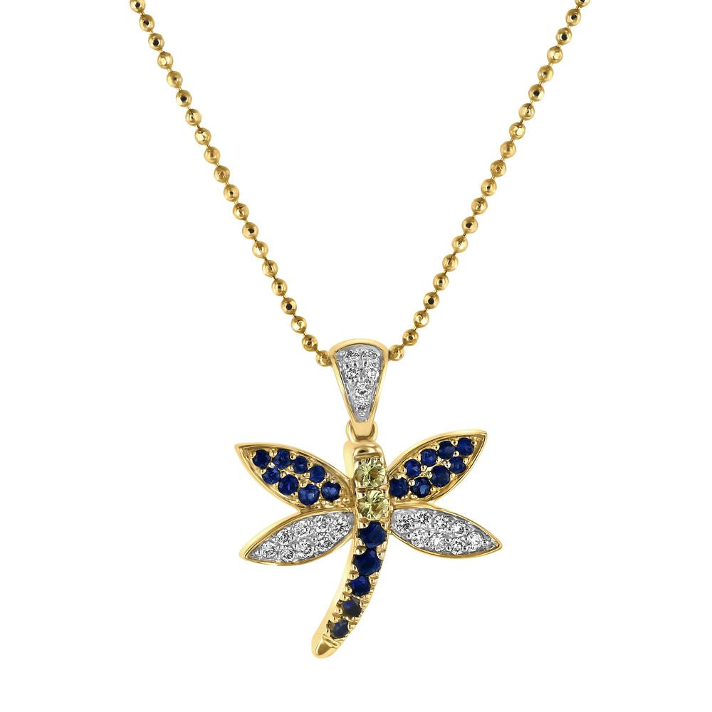 14K Yellow Gold 0.37 carat White Diamonds and Blue Sapphires Dragonfly Pendant