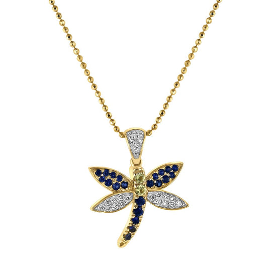 14K Yellow Gold 0.37 carat White Diamonds and Blue Sapphires Dragonfly Pendant