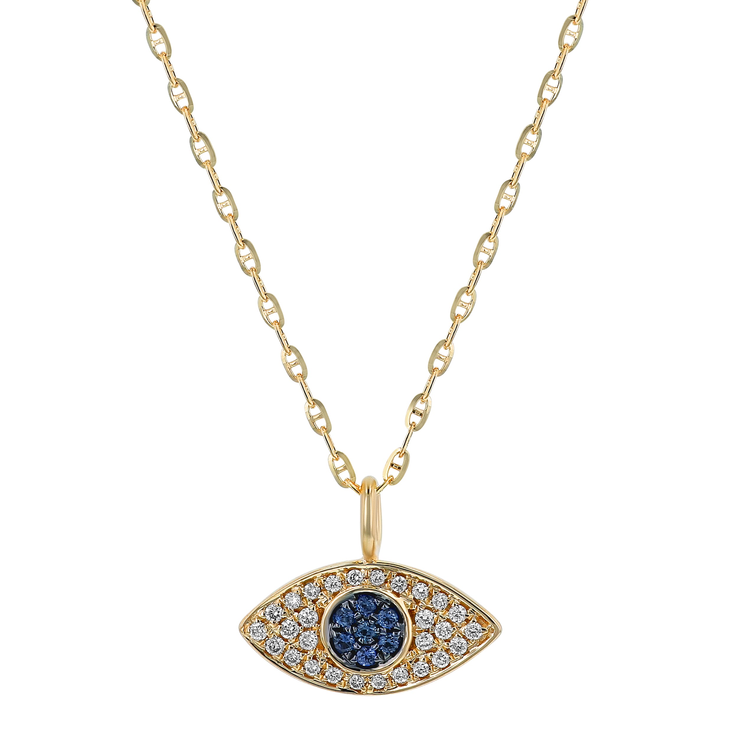 14K Yellow Gold 0.13 carat Diamonds and Blue Sapphires EVIL EYE Necklace