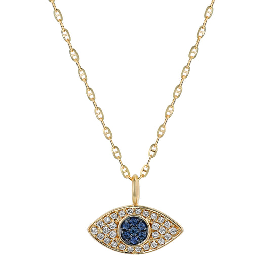 14K Yellow Gold 0.13 carat Diamonds and Blue Sapphires EVIL EYE Necklace