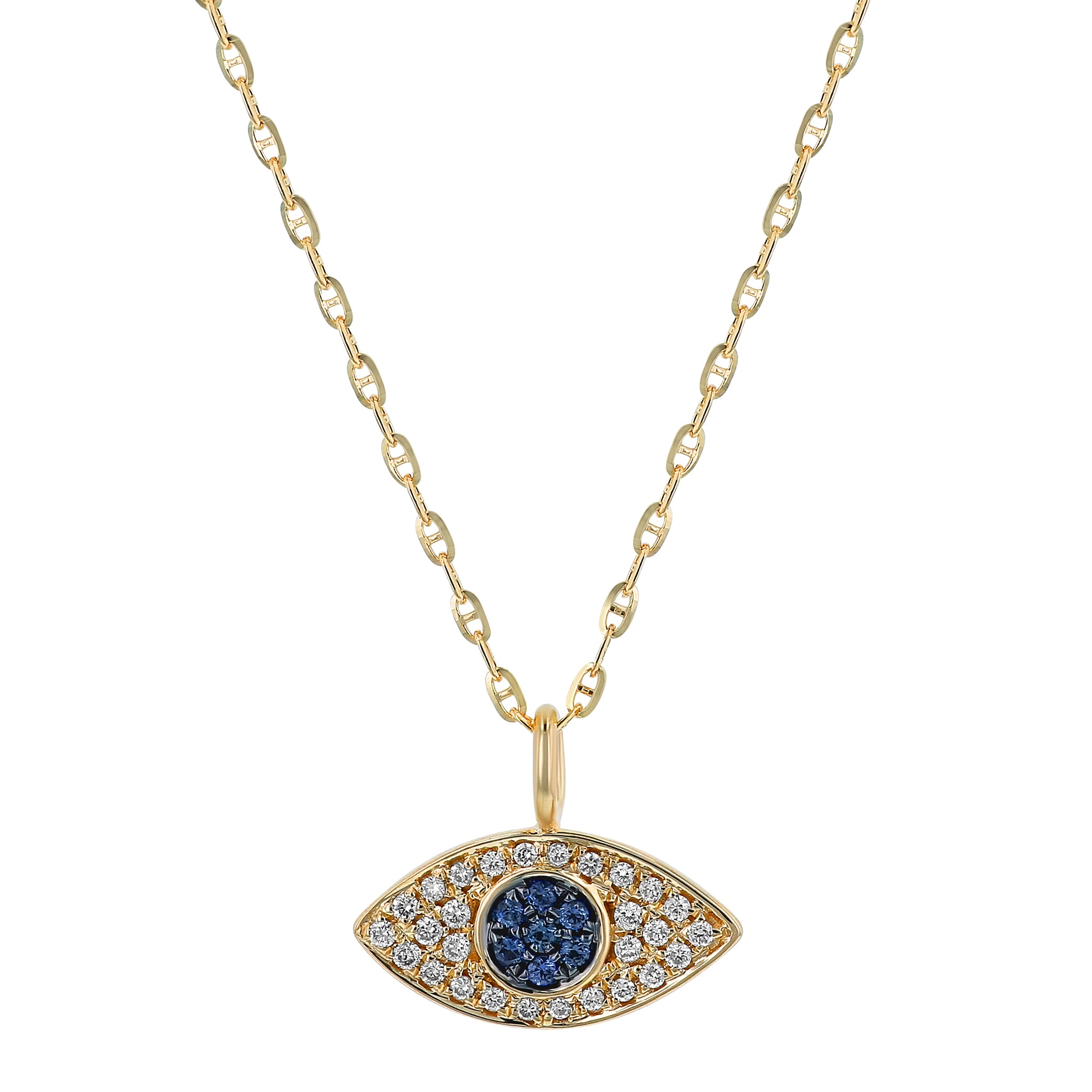 14K Yellow Gold 0.13 carat Diamonds and Blue Sapphires EVIL EYE Necklace