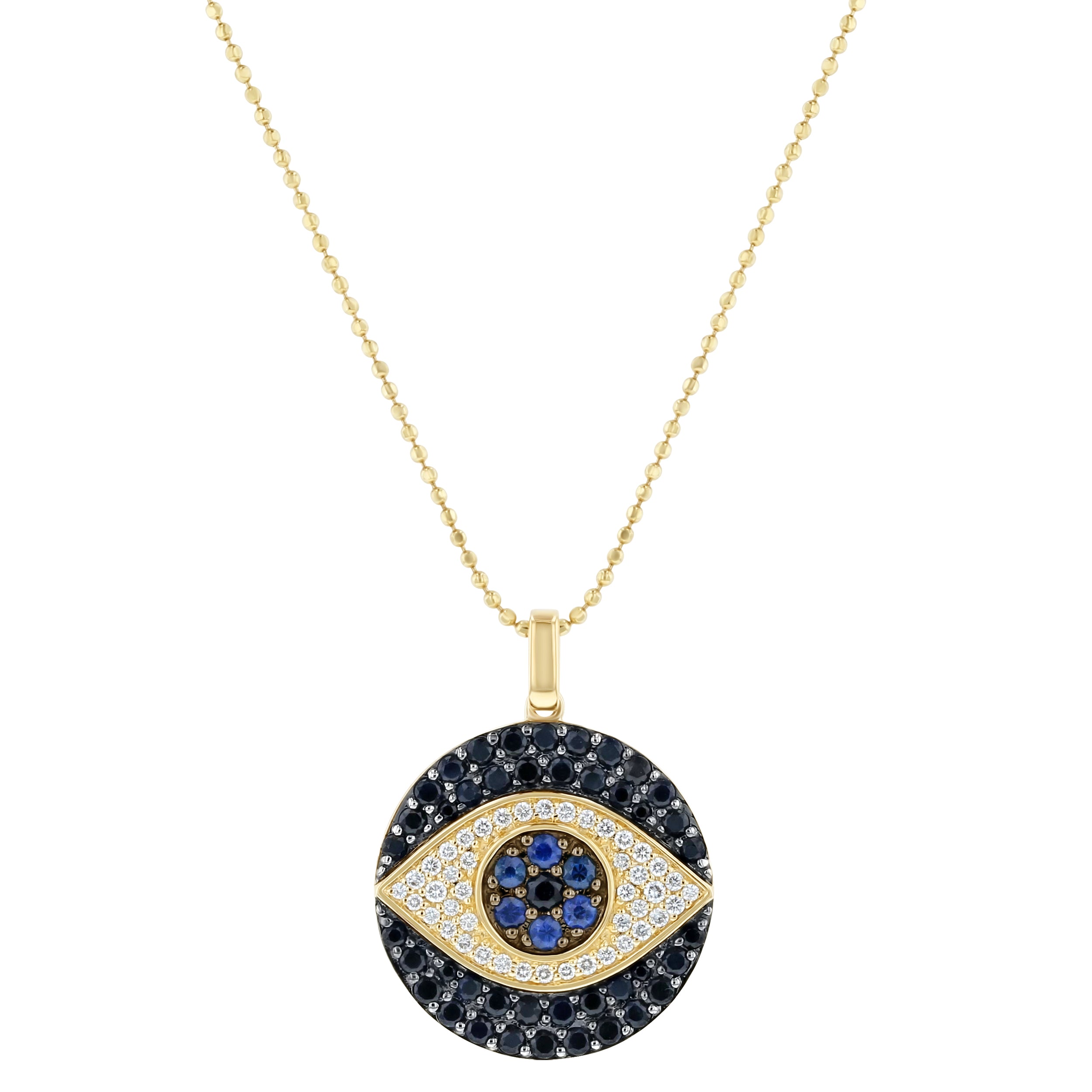 14K Yellow Gold 1.55 carat Diamonds, Blue and Black Sapphire EVIL EYE Necklace