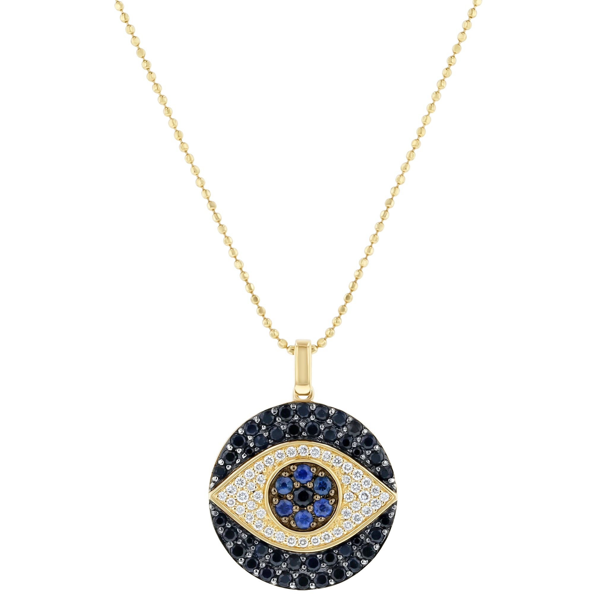 14K Yellow Gold 1.55 carat Diamonds, Blue and Black Sapphire EVIL EYE Necklace