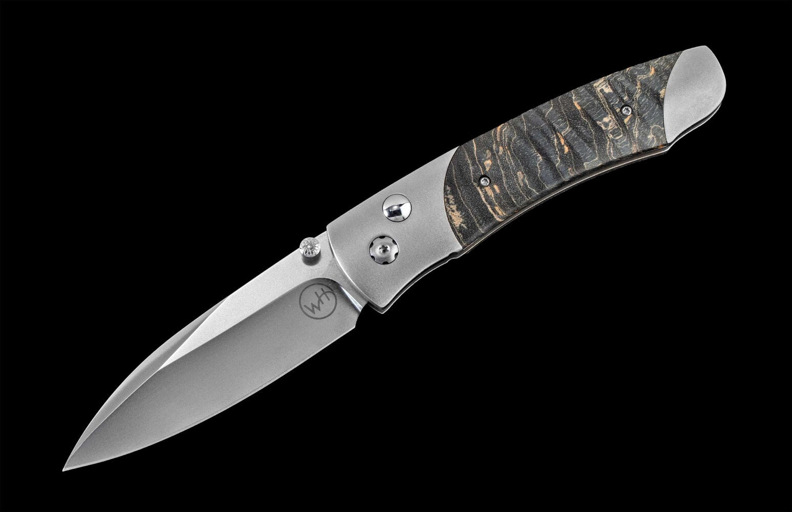 William Henry Titanium pocketknife with stainless blade and dyed gray maple burl wood A200-9