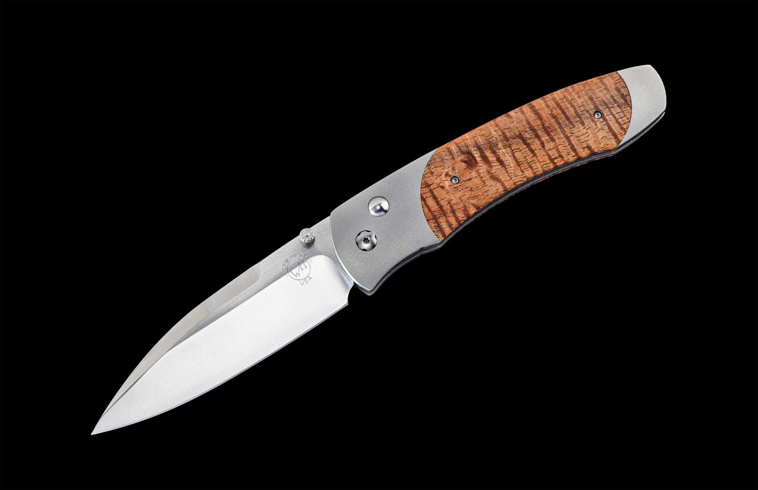William Henry Titanium pocketknife with stainless blade and curly koawood A300-13