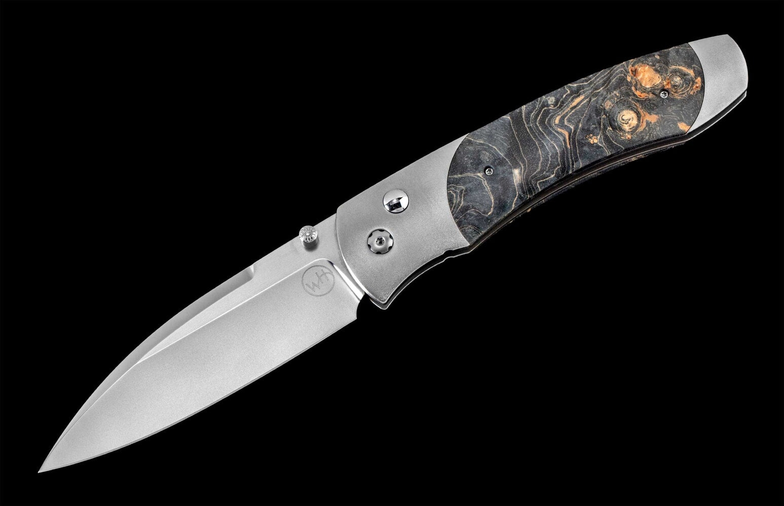 William Henry Titanium pocketknife with stainless blade and dyed gray maple burl wood A300-9