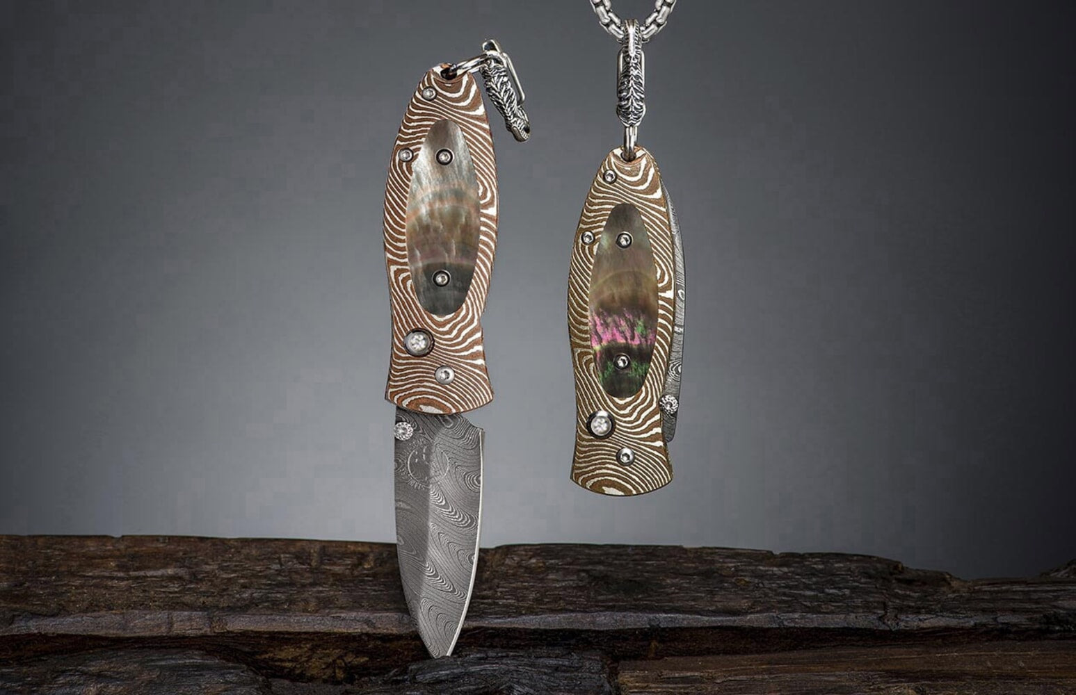 William Henry Knife pendant with mokume gane, black lip pearl, and damascus blade B02 DAYBREAK