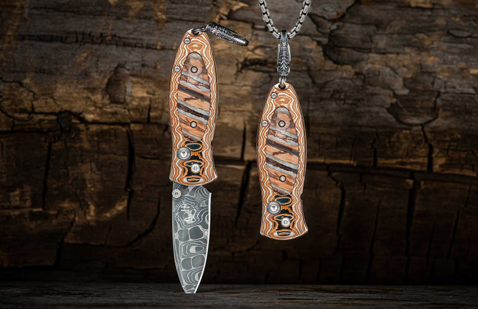 William Henry Folding pendant knive with woolly mammoth tooth and damascus B02 LEGACY
