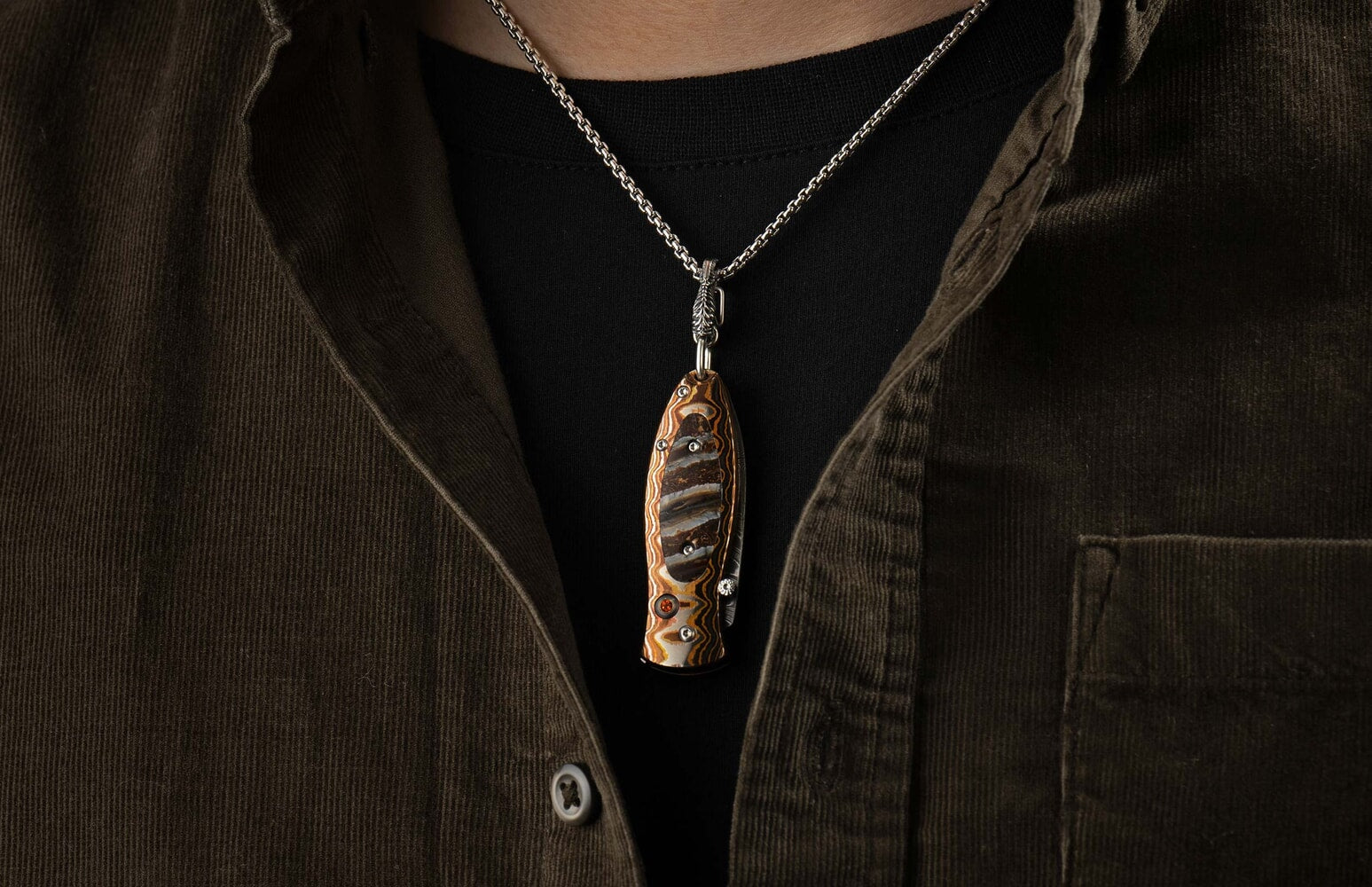 William Henry Folding pendant knive with woolly mammoth tooth and damascus B02 LEGACY