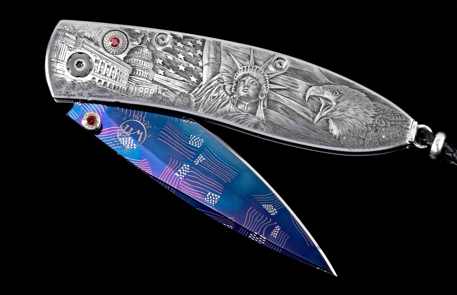 William Henry Hand-engraved pocketknife with hand-forged 'flag' damascus blade B05 AMERICA