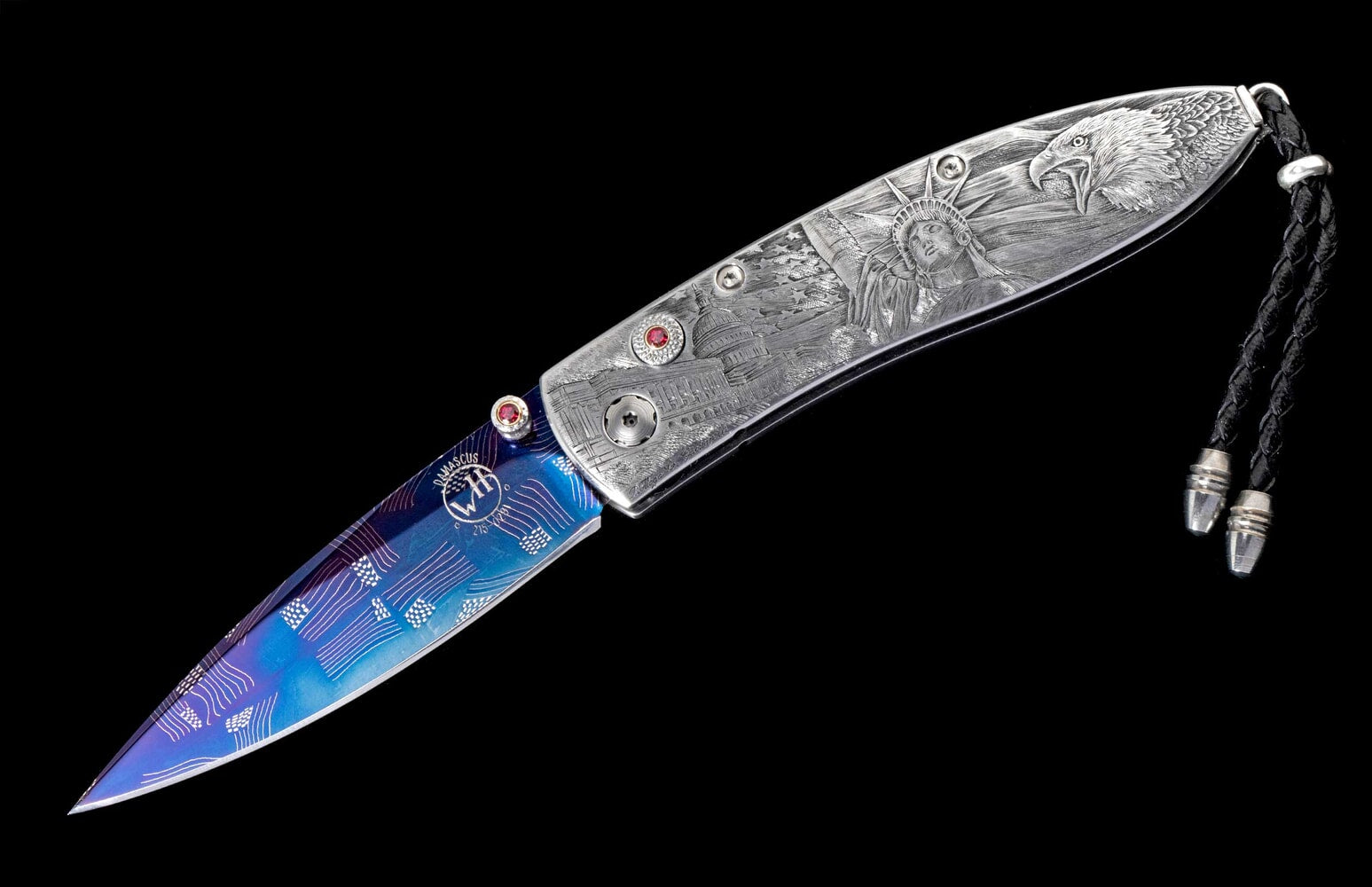 William Henry Hand-engraved pocketknife with hand-forged 'flag' damascus blade B05 AMERICA