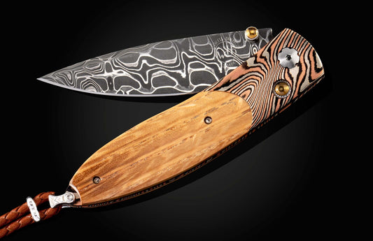 William Henry Blanton Whiskey barrel wood on Mokume Gane frame, damascus blade B05 BLANTON 2023