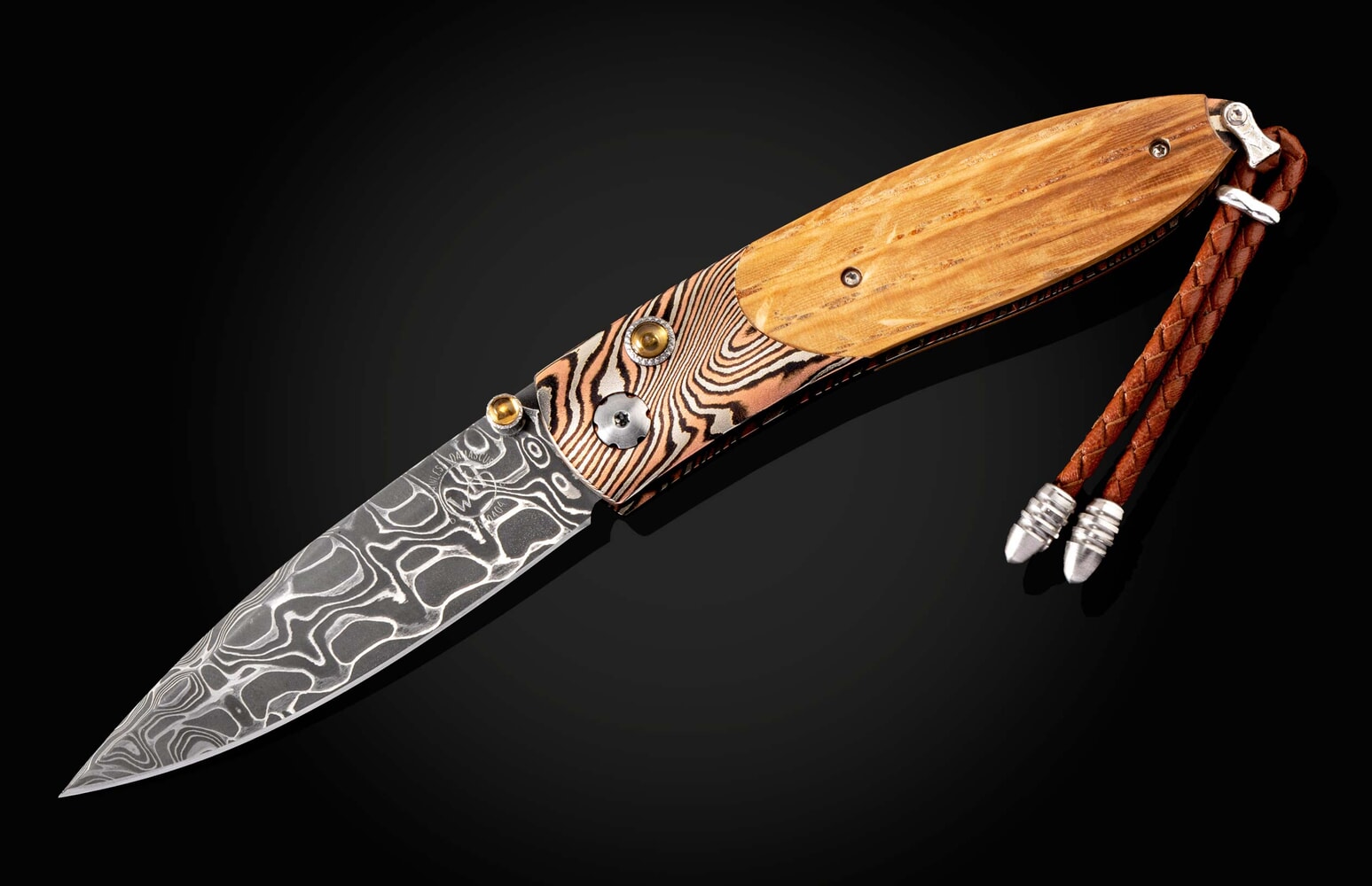 William Henry Blanton Whiskey barrel wood on Mokume Gane frame, damascus blade B05 BLANTON 2023
