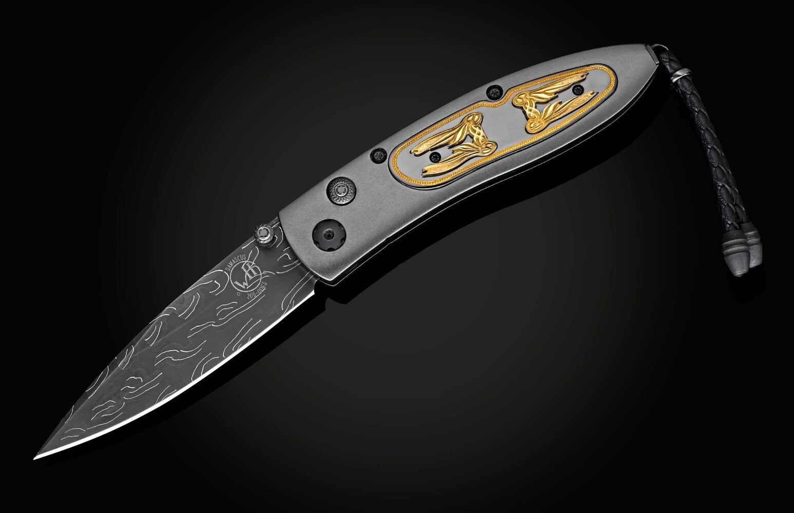 William Henry Gold-inlaid 'Knightsteel' knife with black titanium frame, damascus blade B05 KNIGHTSTEEL