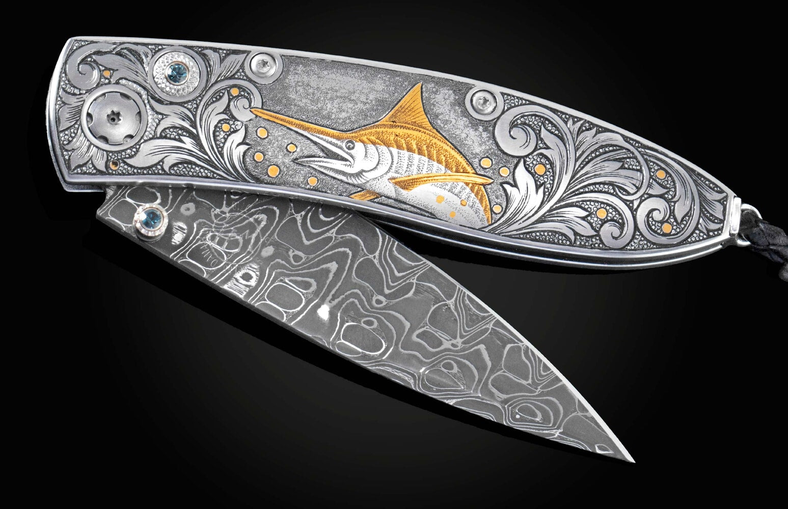 William Henry Hand-engraved folding knife with 24K gold inlays, damascus blade B05 MARLIN