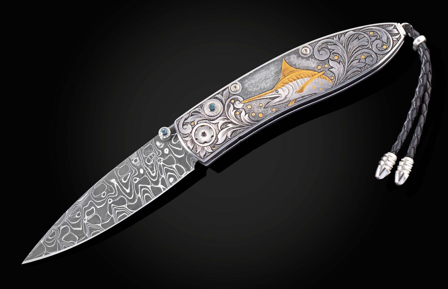 William Henry Hand-engraved folding knife with 24K gold inlays, damascus blade B05 MARLIN