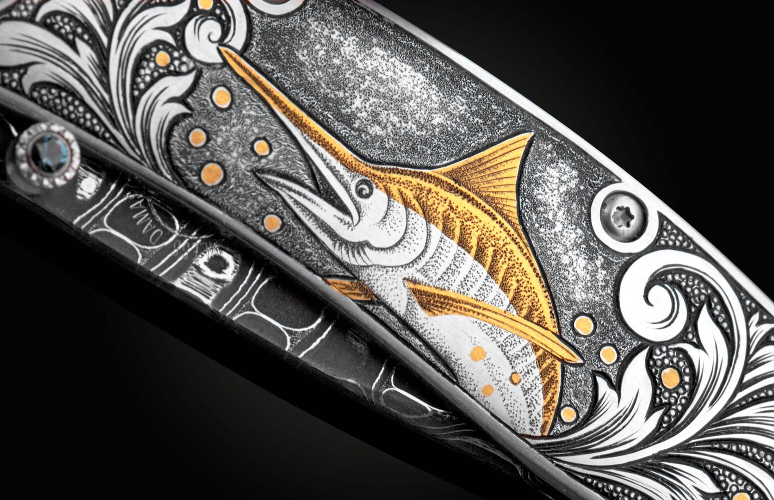 William Henry Hand-engraved folding knife with 24K gold inlays, damascus blade B05 MARLIN