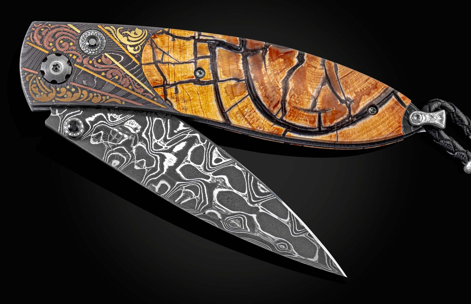 William Henry Hand-engraved pocketknife with damascus, gold, and woolly mammoth tusk B05 RAY