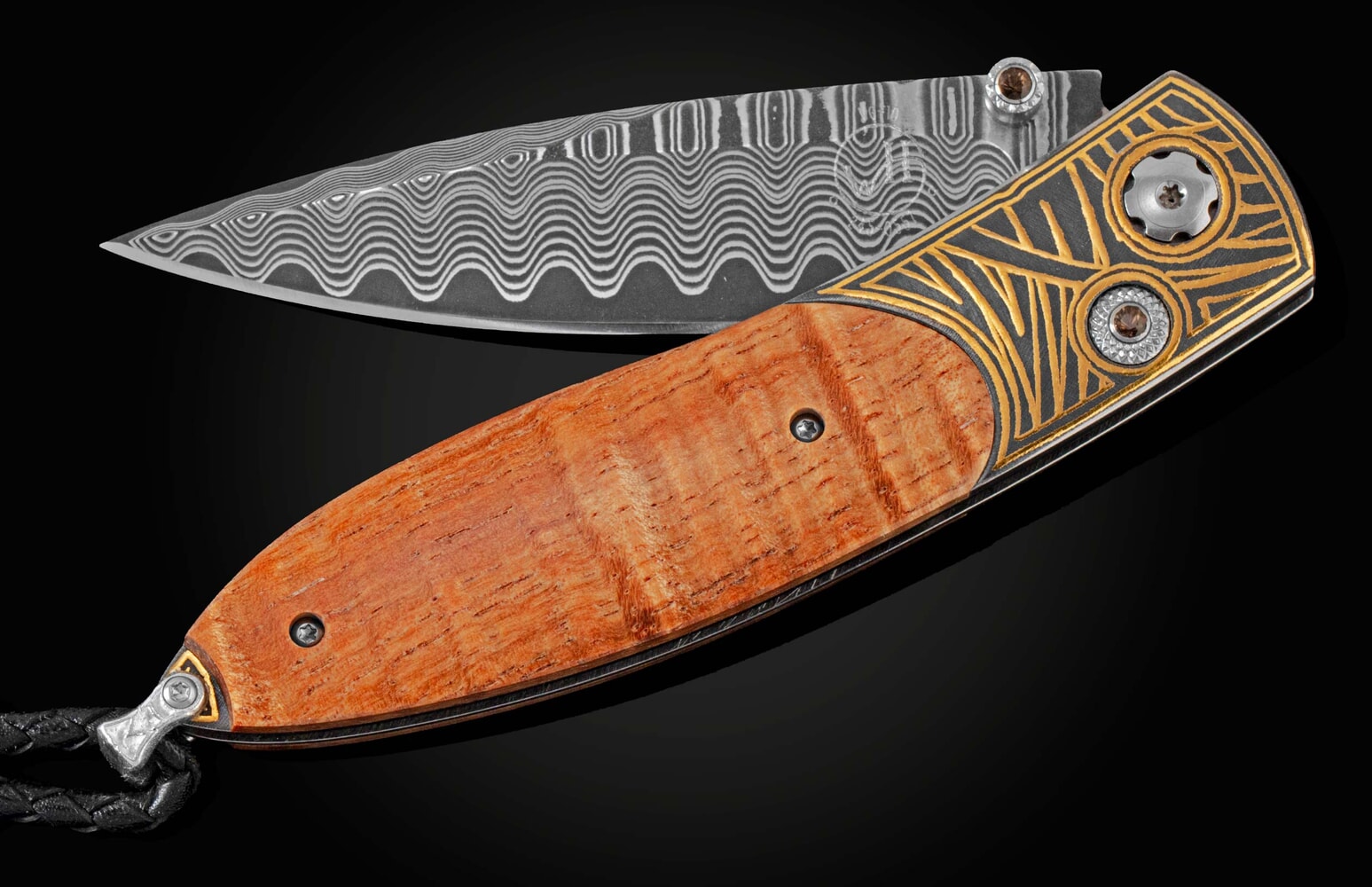 William Henry Folding knife with 24K gold Koftgari and curly koa wood B05 SEA GRASS