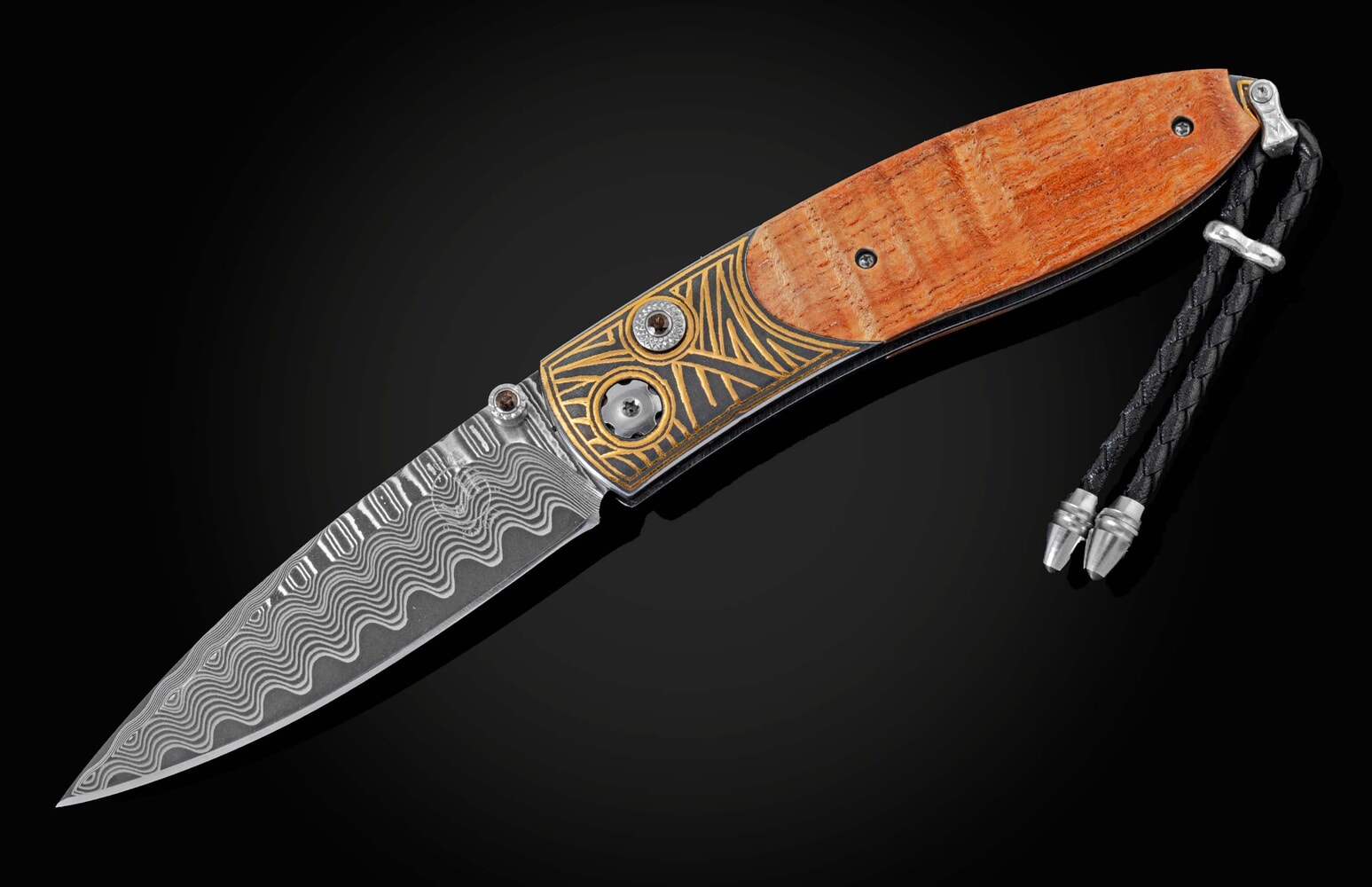 William Henry Folding knife with 24K gold Koftgari and curly koa wood B05 SEA GRASS