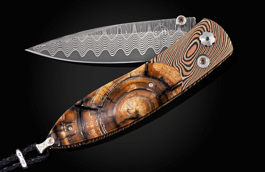 William Henry Pocketknife featuring mokume gane, fossil Mammoth tusk and 'wave' damascus blade B05 SMOKY