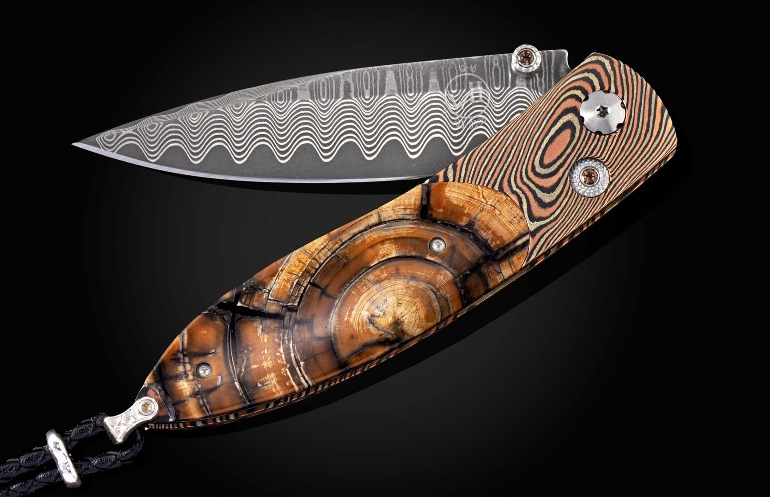 William Henry Pocketknife featuring mokume gane, fossil Mammoth tusk and 'wave' damascus blade B05 SMOKY