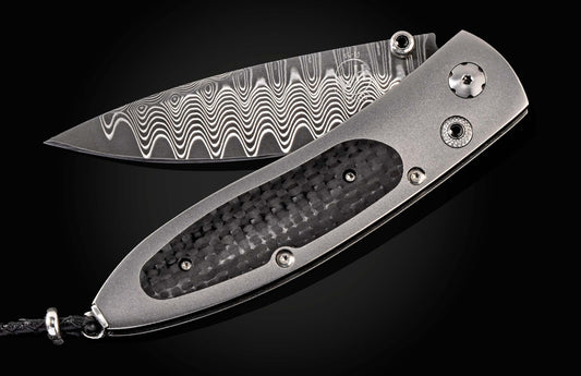 William Henry Titanium pocketknife with carbon fiber and 'wave' damascus blade B05 STEALTHY