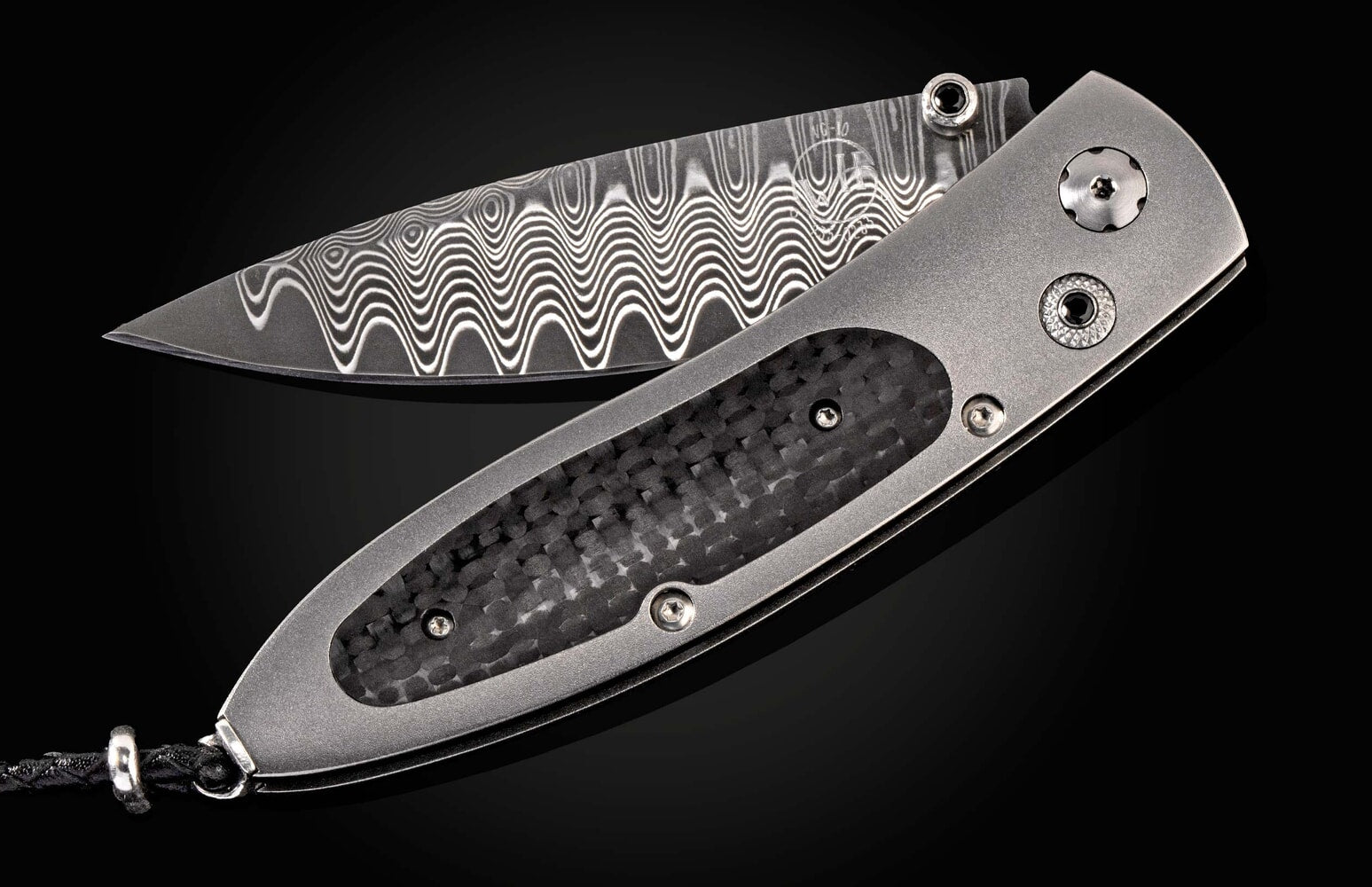 William Henry Titanium pocketknife with carbon fiber and 'wave' damascus blade B05 STEALTHY