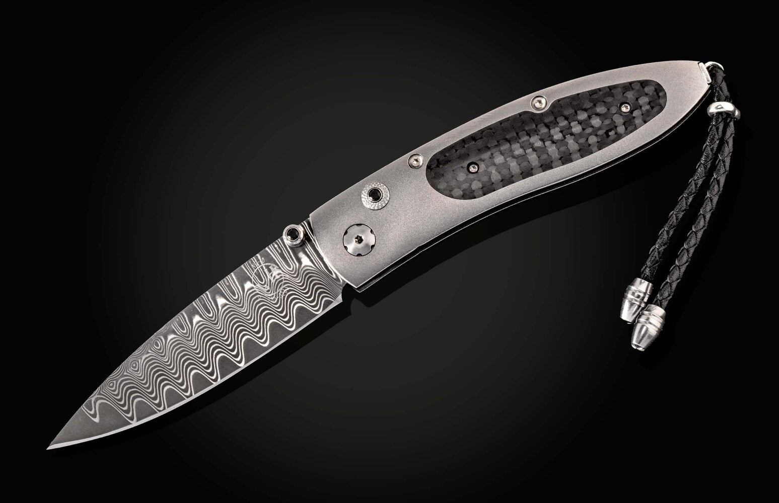 William Henry Titanium pocketknife with carbon fiber and 'wave' damascus blade B05 STEALTHY