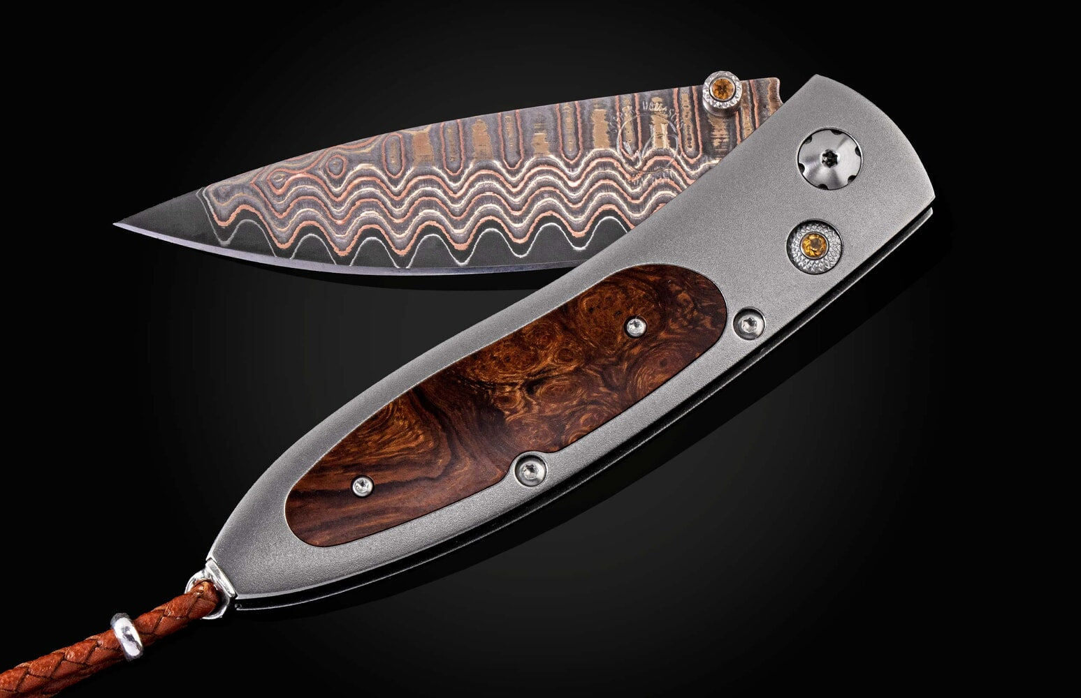 William Henry Titanium pocketknife with desert ironwood and 'copper wave' damascus blade B05 STRONGHOLD