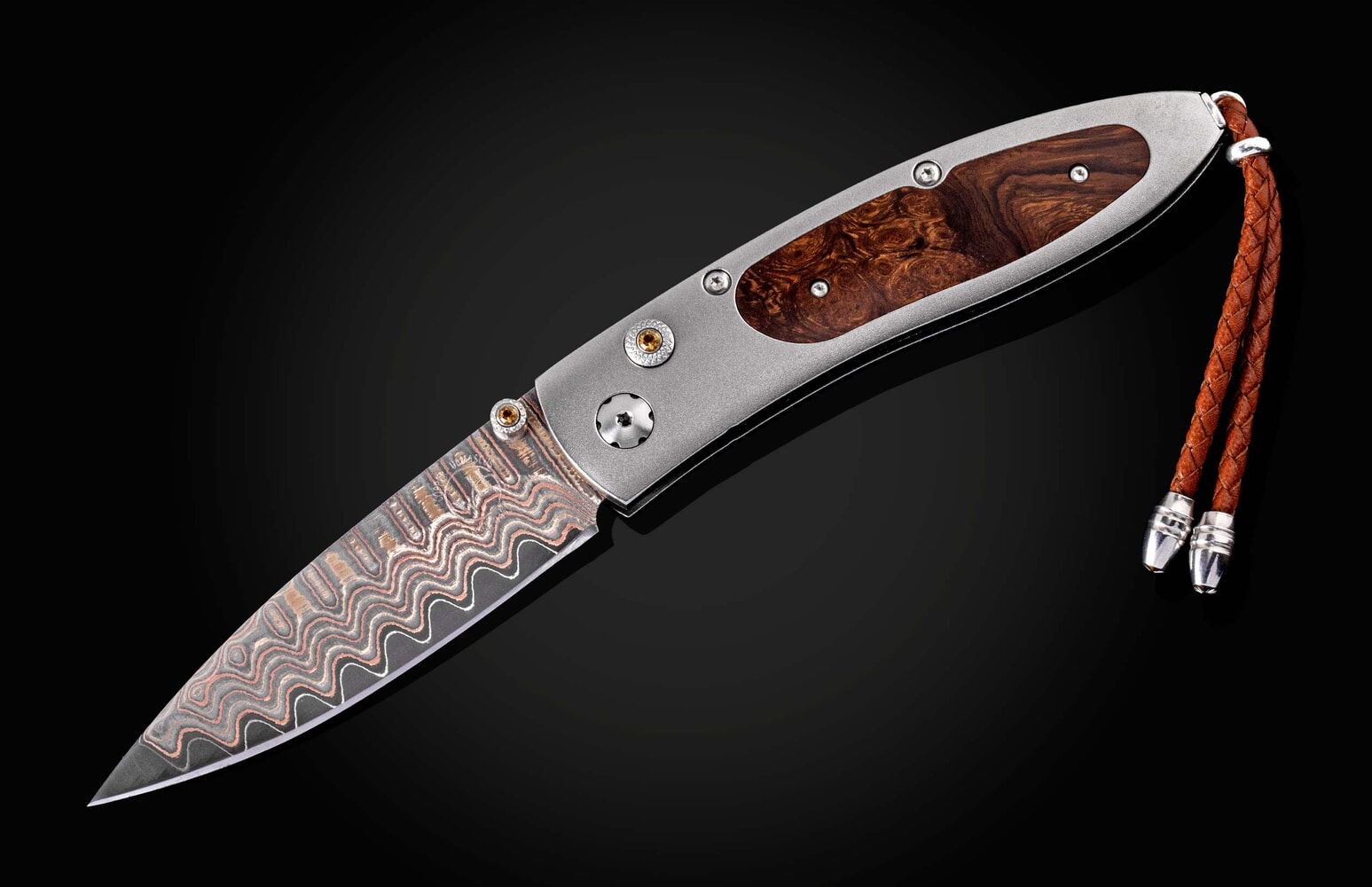 William Henry Titanium pocketknife with desert ironwood and 'copper wave' damascus blade B05 STRONGHOLD