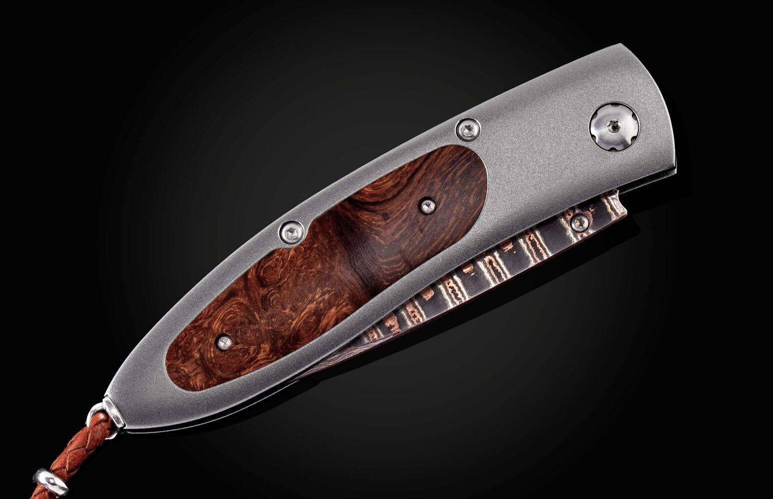 William Henry Titanium pocketknife with desert ironwood and 'copper wave' damascus blade B05 STRONGHOLD