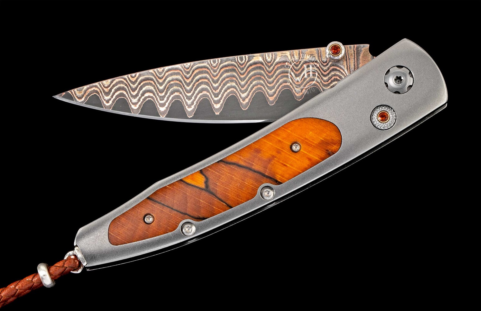 William Henry Titanium pocket knife featuring Beech wood and 'copper wave' damascus blade B10 BEECH