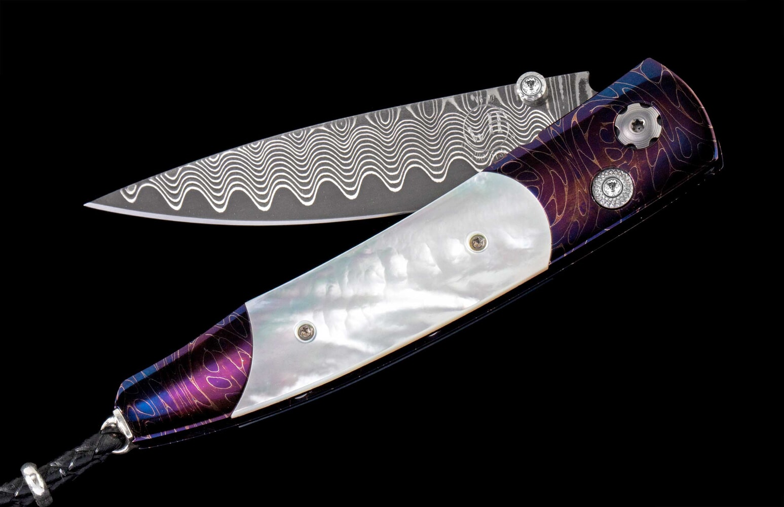 William Henry Pocketknife with heat-blued damascus, mother of pearl, and 'wave' damascus blade B10 BLUE SAND