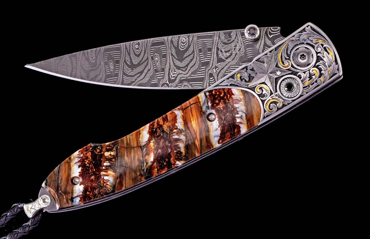 William Henry Hand-engraved pocketknife inlaid with24K gold and fossil mammoth tooth B10 COWBOY