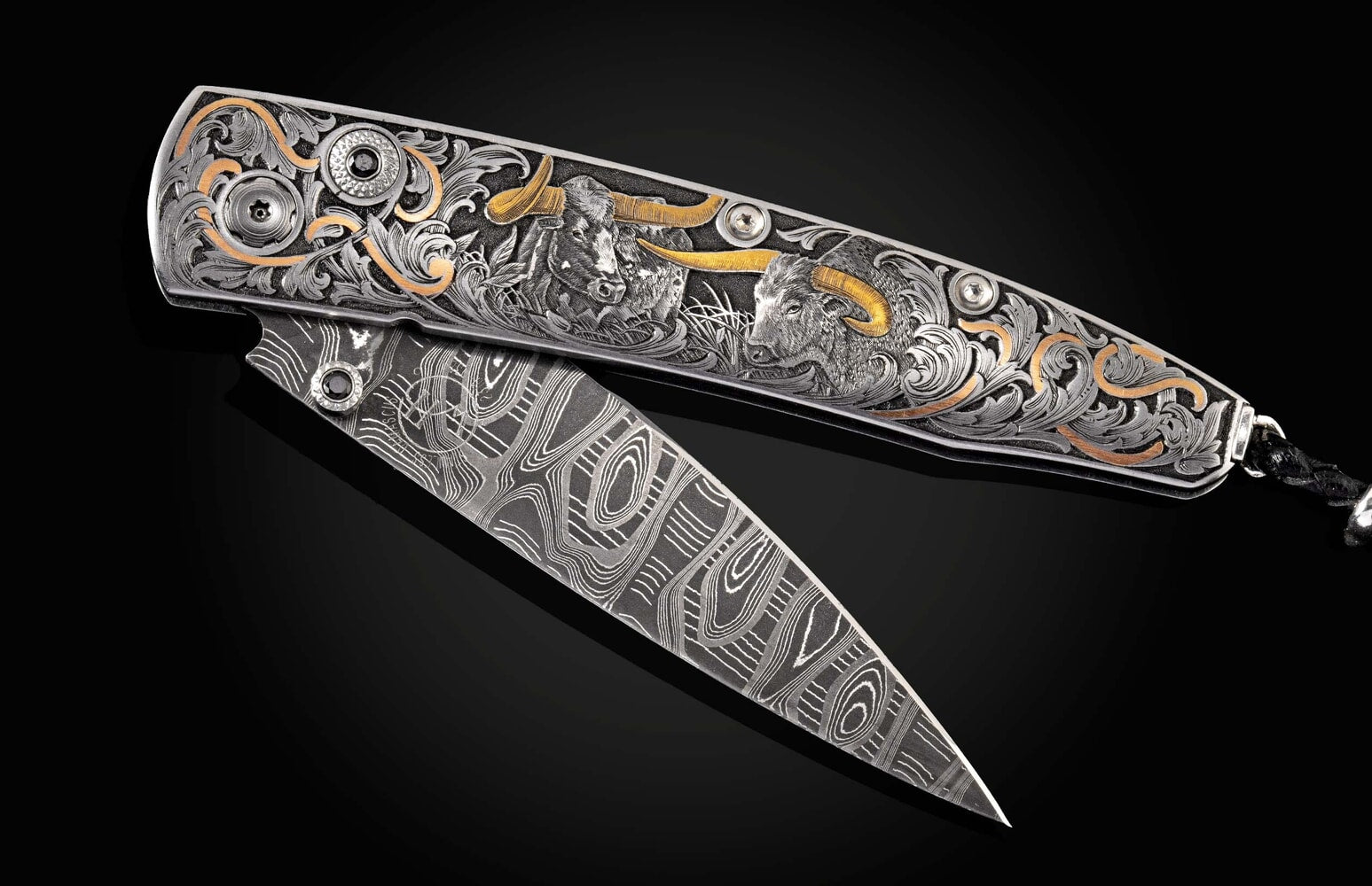 William Henry Hand-engraved pocketknife with damascus blade B10 LONGHORN II