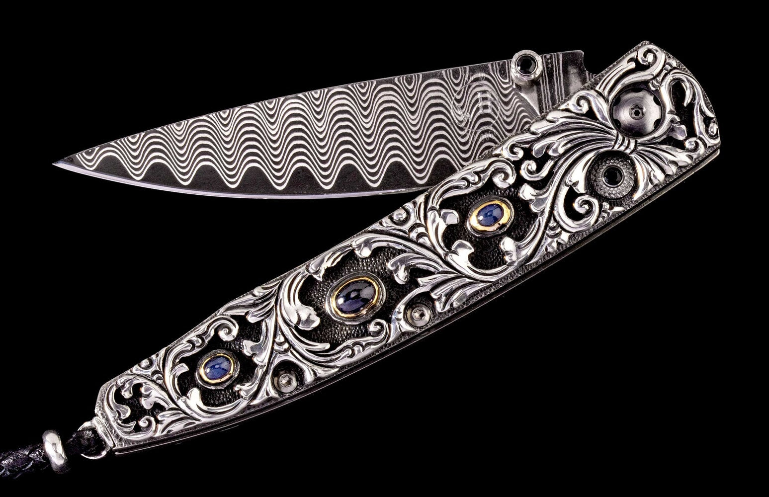 William Henry Hand-carved sterling silver pocketknife, with inset sapphires and 'wave' damascus blade B10 RADIANT