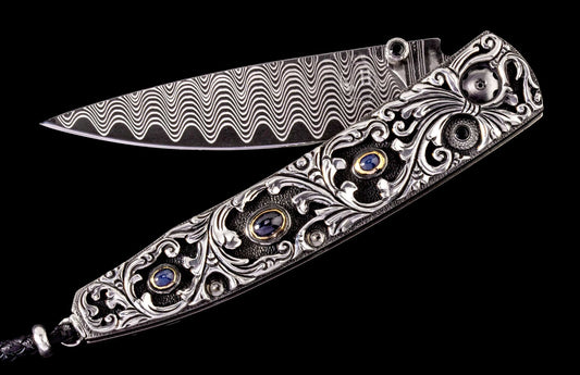 William Henry Hand-carved sterling silver pocketknife, with inset sapphires and 'wave' damascus blade B10 RADIANT