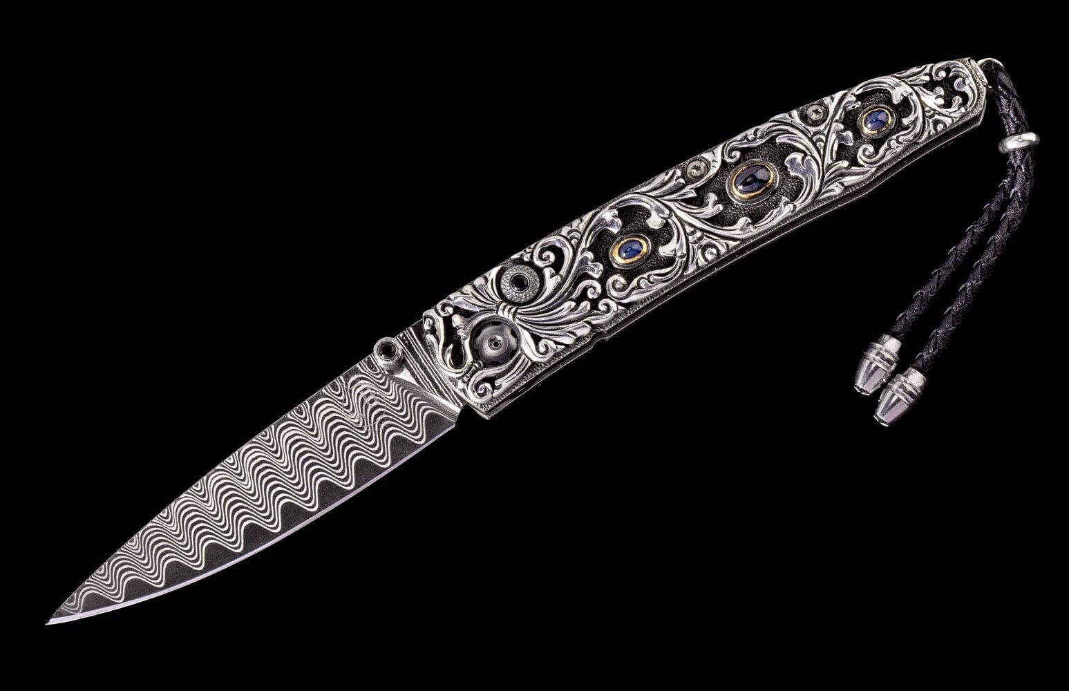 William Henry Hand-carved sterling silver pocketknife, with inset sapphires and 'wave' damascus blade B10 RADIANT