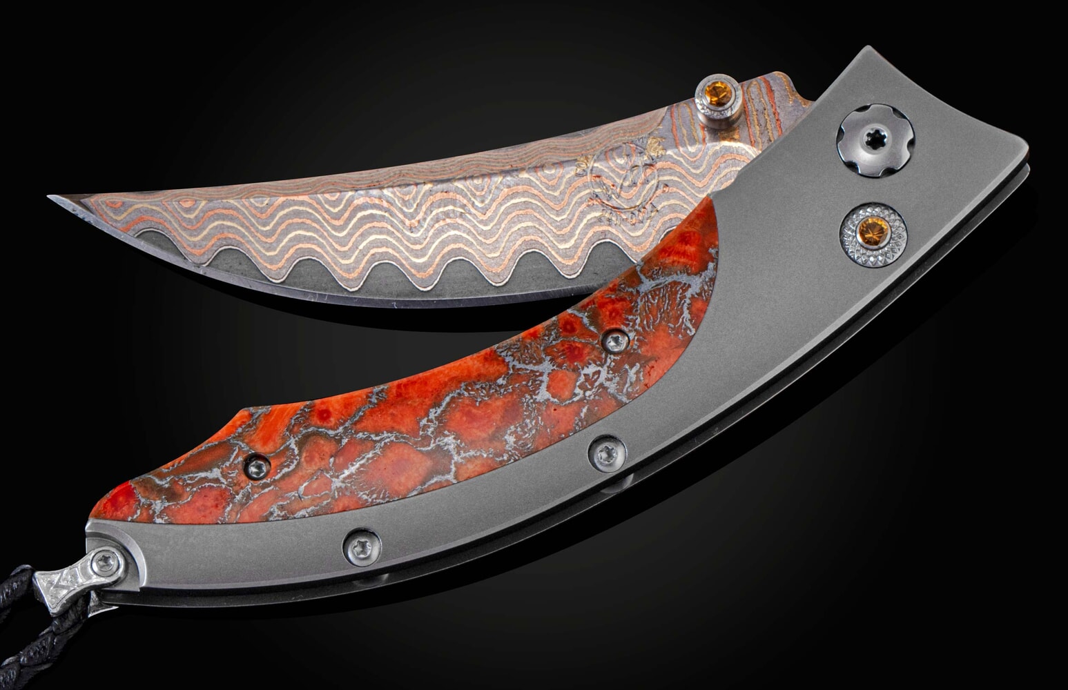 William Henry Titanium pocketknife featuring apple coral and 'copper wave' damascus blade B11 COPPER  SUNSET II