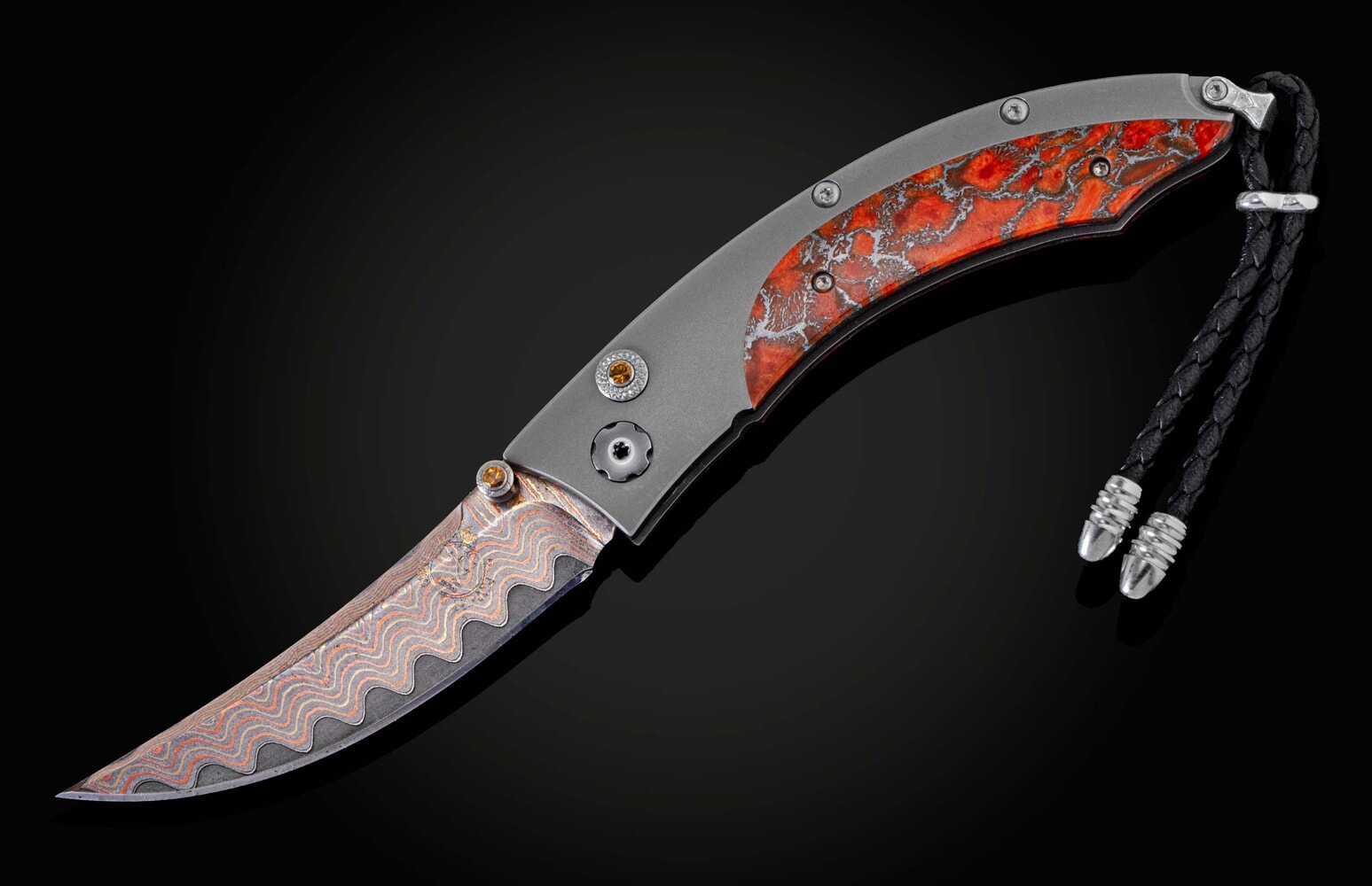 William Henry Titanium pocketknife featuring apple coral and 'copper wave' damascus blade B11 COPPER  SUNSET II
