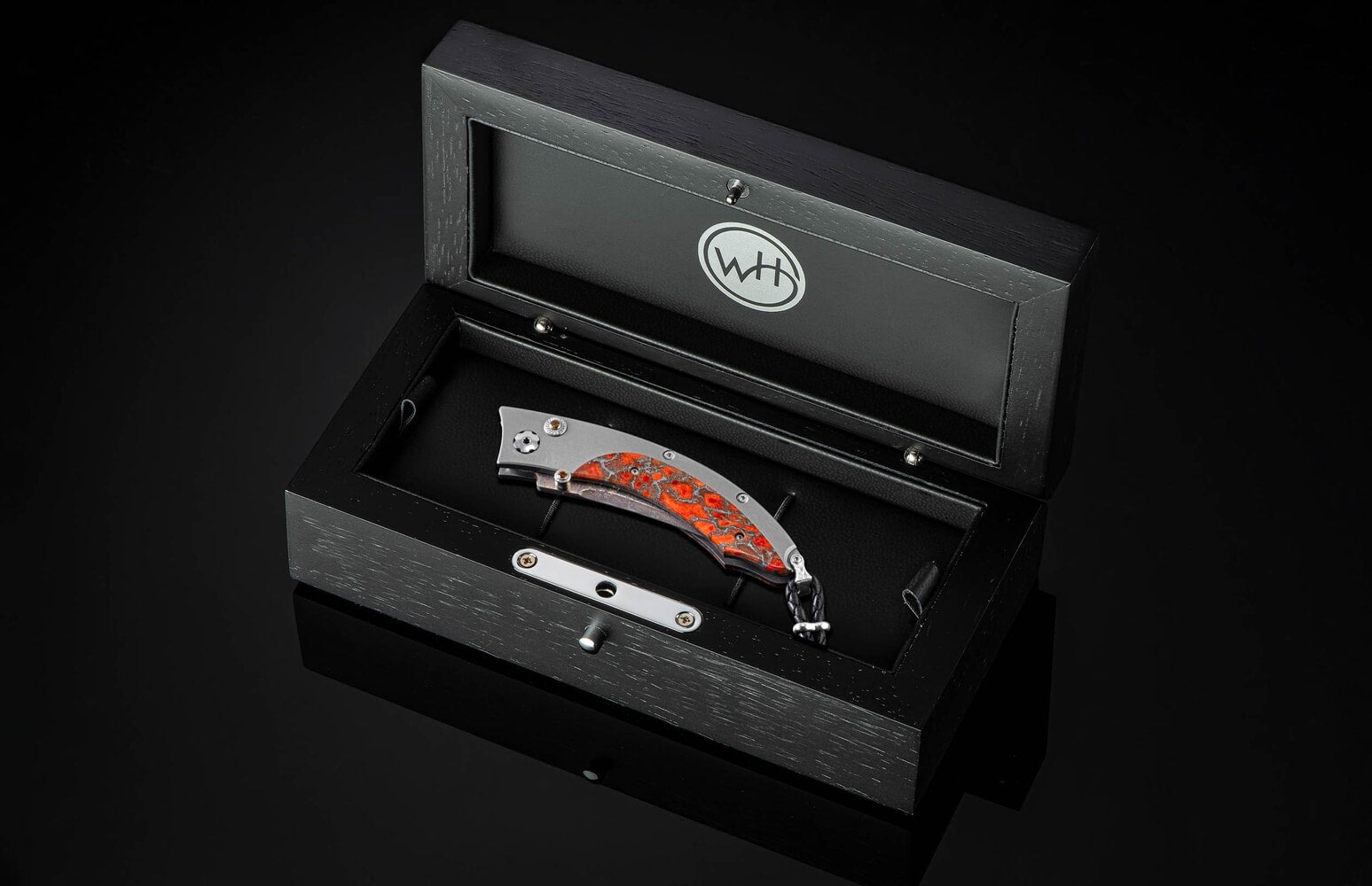 William Henry Titanium pocketknife featuring apple coral and 'copper wave' damascus blade B11 COPPER  SUNSET II