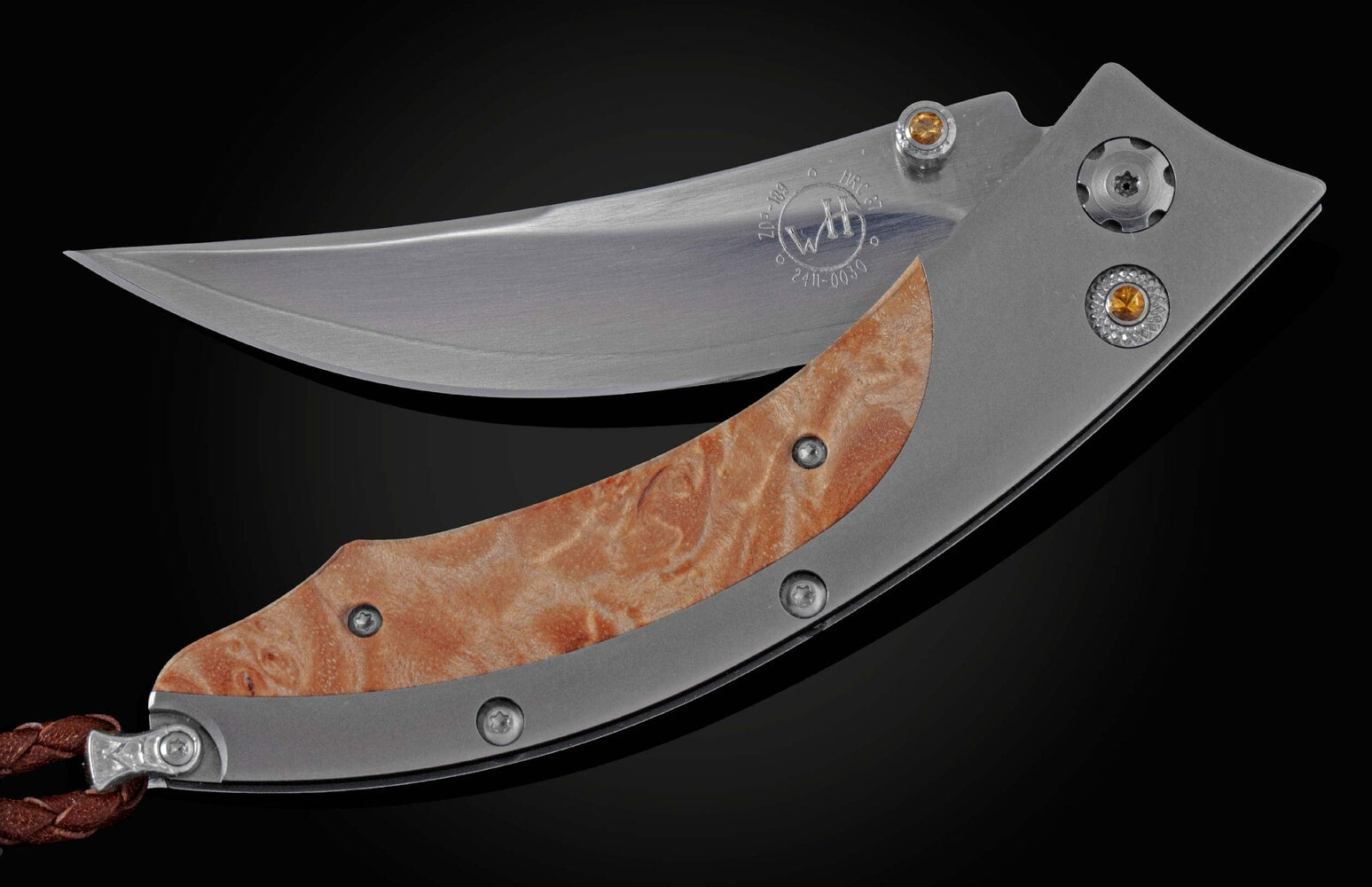 William Henry Titanium pocketknife featuring maple burl wood and 3-layer stainlessblade with ZDP-189 B11 SILVER LEAF