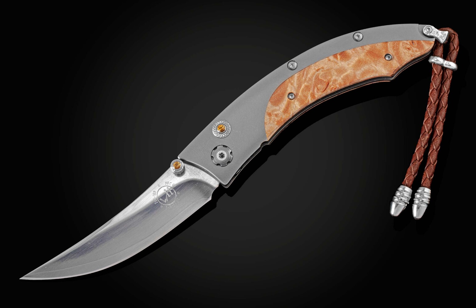 William Henry Titanium pocketknife featuring maple burl wood and 3-layer stainlessblade with ZDP-189 B11 SILVER LEAF