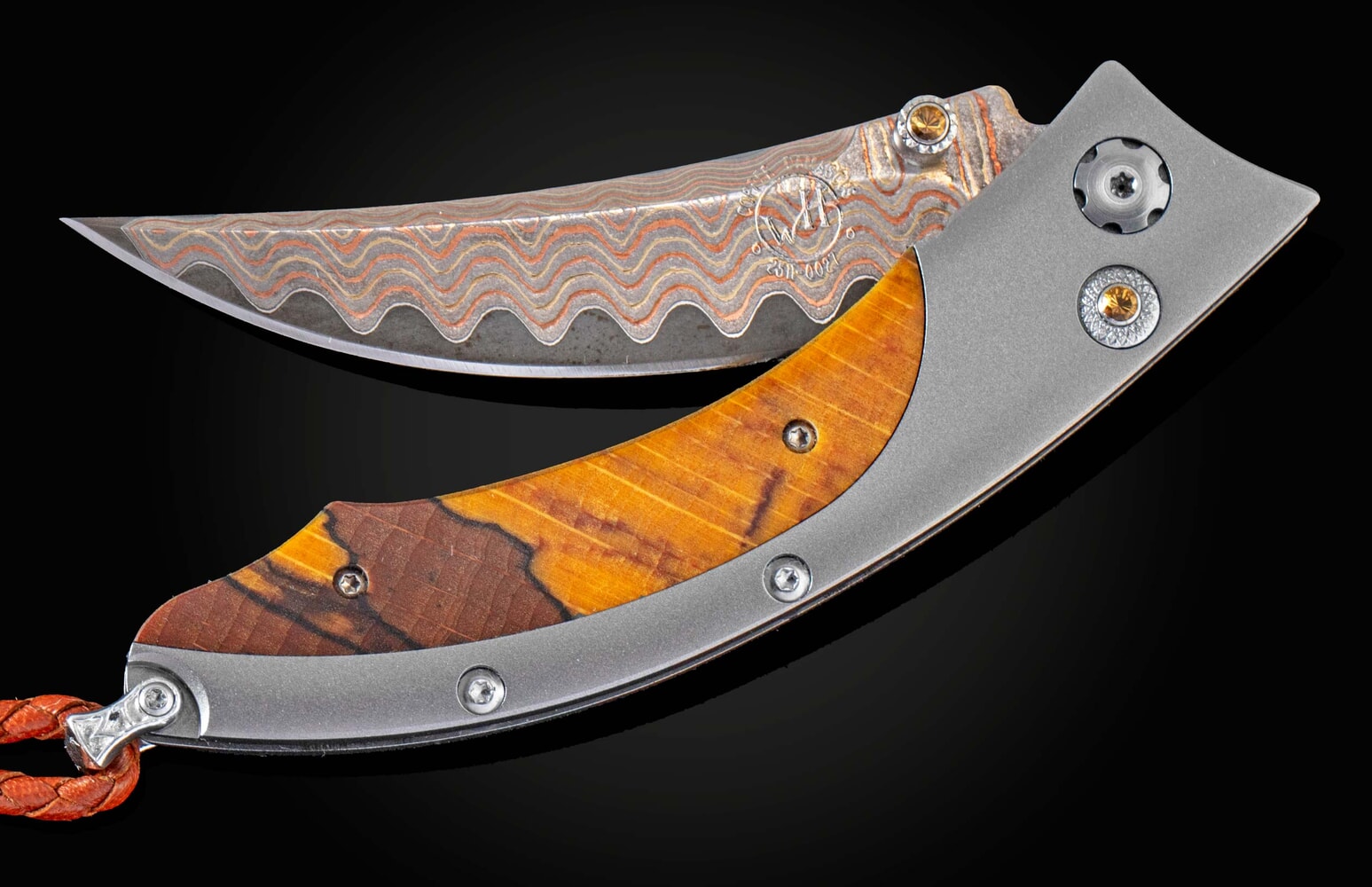 William Henry Titanium pocketknife featuring yellow spalted beechwoodand 'copper wave' damascus blade B11 YELLOW CURVE