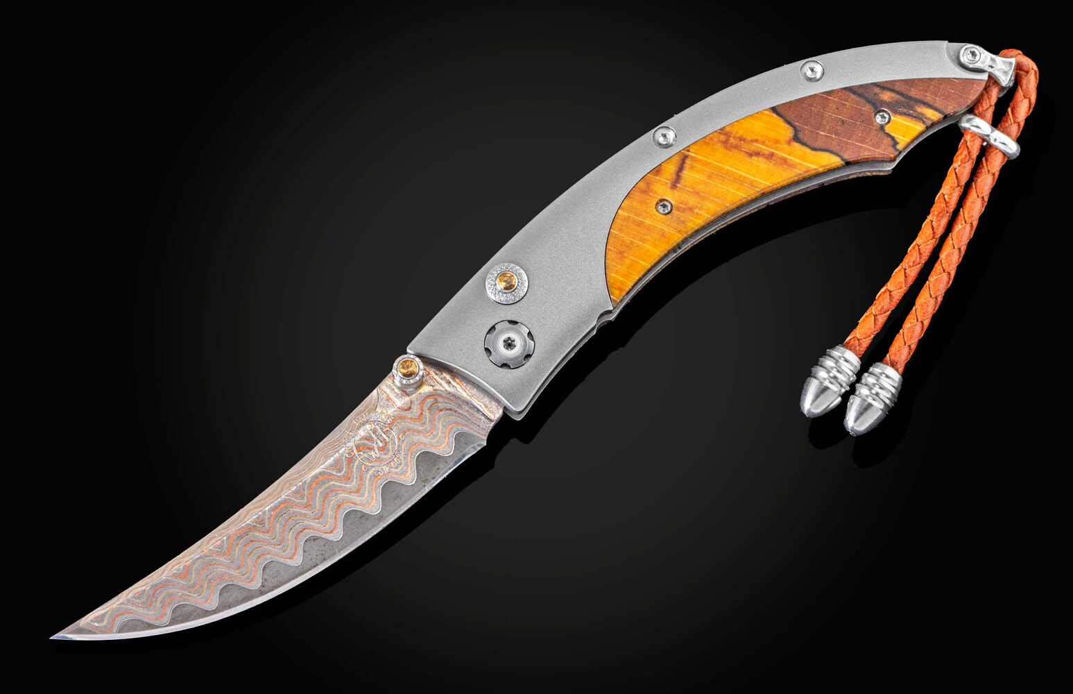 William Henry Titanium pocketknife featuring yellow spalted beechwoodand 'copper wave' damascus blade B11 YELLOW CURVE