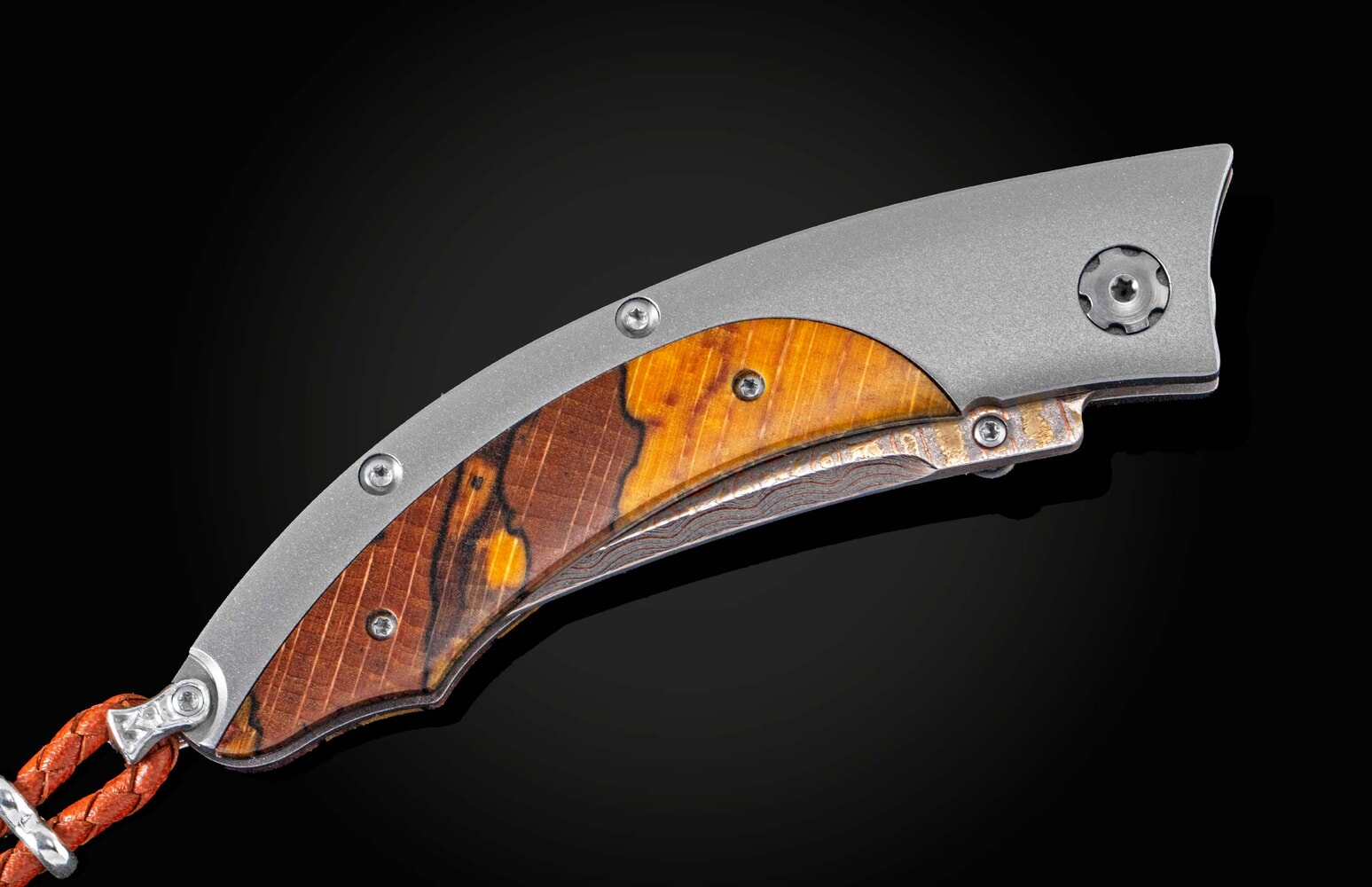 William Henry Titanium pocketknife featuring yellow spalted beechwoodand 'copper wave' damascus blade B11 YELLOW CURVE